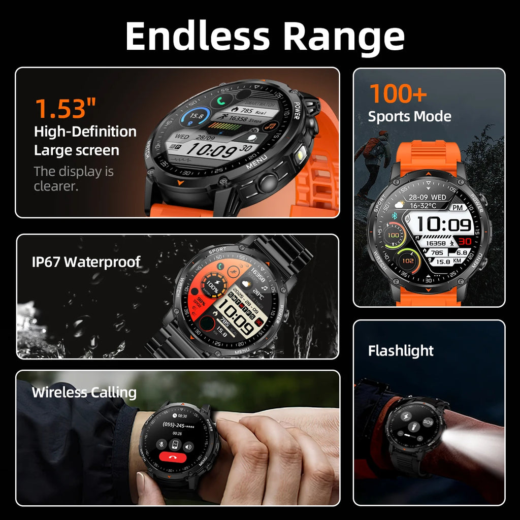 Nuevo reloj inteligente duradero T-rex3 para hombre con batería de 1400mAh, pantalla HD de 1.53", rastreador de actividad física, oxígeno en sangre y linterna LED para Android 2026