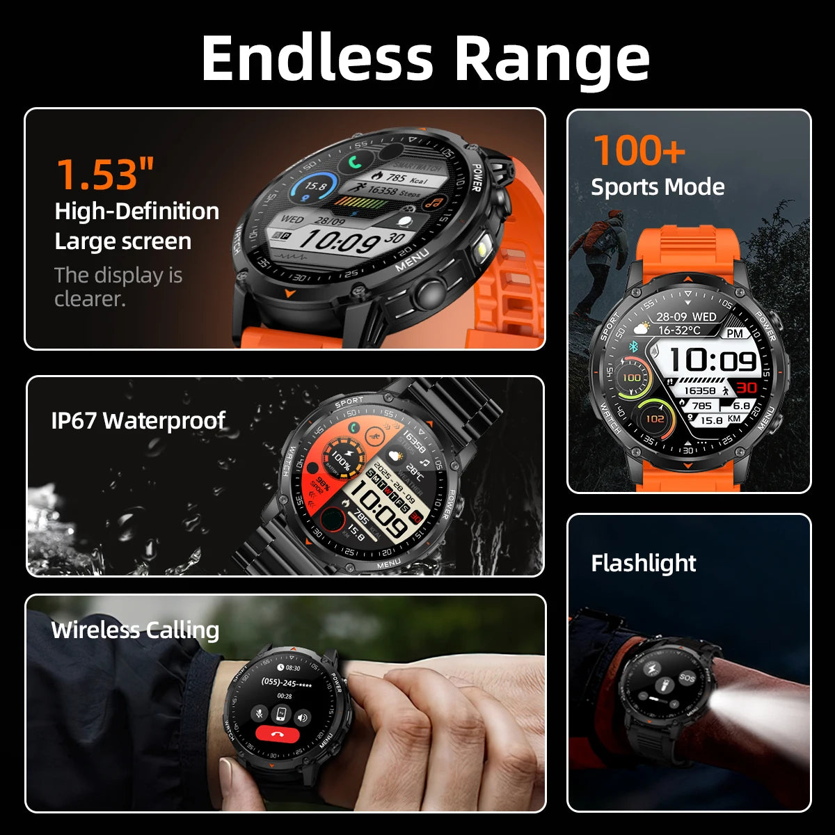 Nuevo reloj inteligente duradero T-rex3 para hombre con batería de 1400mAh, pantalla HD de 1.53", rastreador de actividad física, oxígeno en sangre y linterna LED para Android 2026