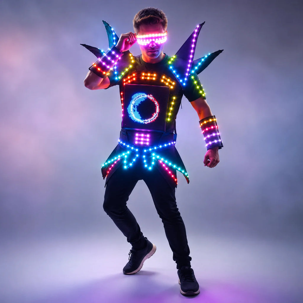 Disfraces de exhibición de Robot LED, ropa de actuación de fiesta, traje de armadura, ropa de espejo con luz colorida, trajes de espectáculo para Club, cascos, discoteca