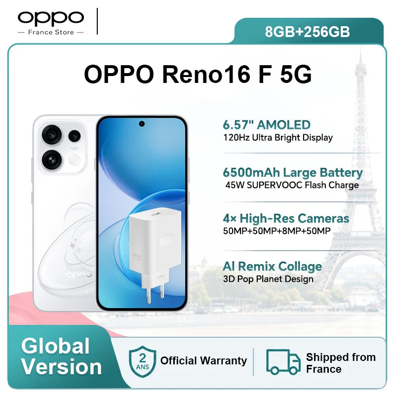 Smartphone OPPO Reno16 F 5G Versión UE 8GB+256GB AI Remix Collage Cámara Selfie Ultra Gran Angular de 50MP ColorOS 16.0 Batería de 6500mAh OnePlus