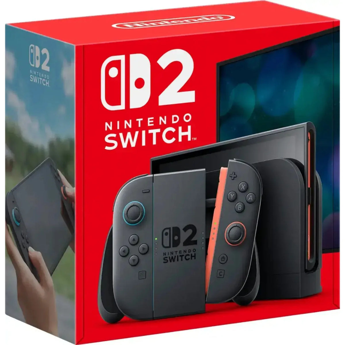 Consola portátil Nintendo Switch 2 en caja roja con mandos y pantalla.