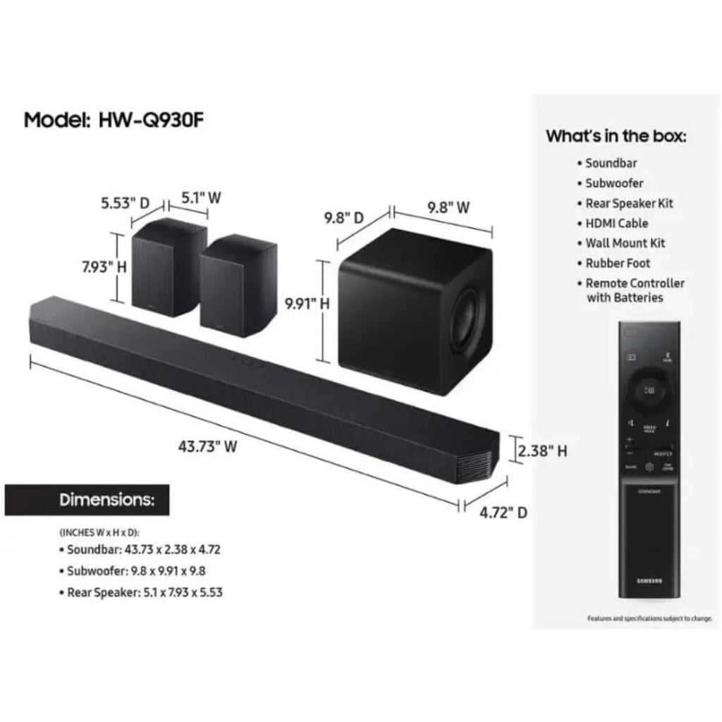 Diagrama de dimensiones del sistema de barra de sonido con subwoofer y altavoces traseros.