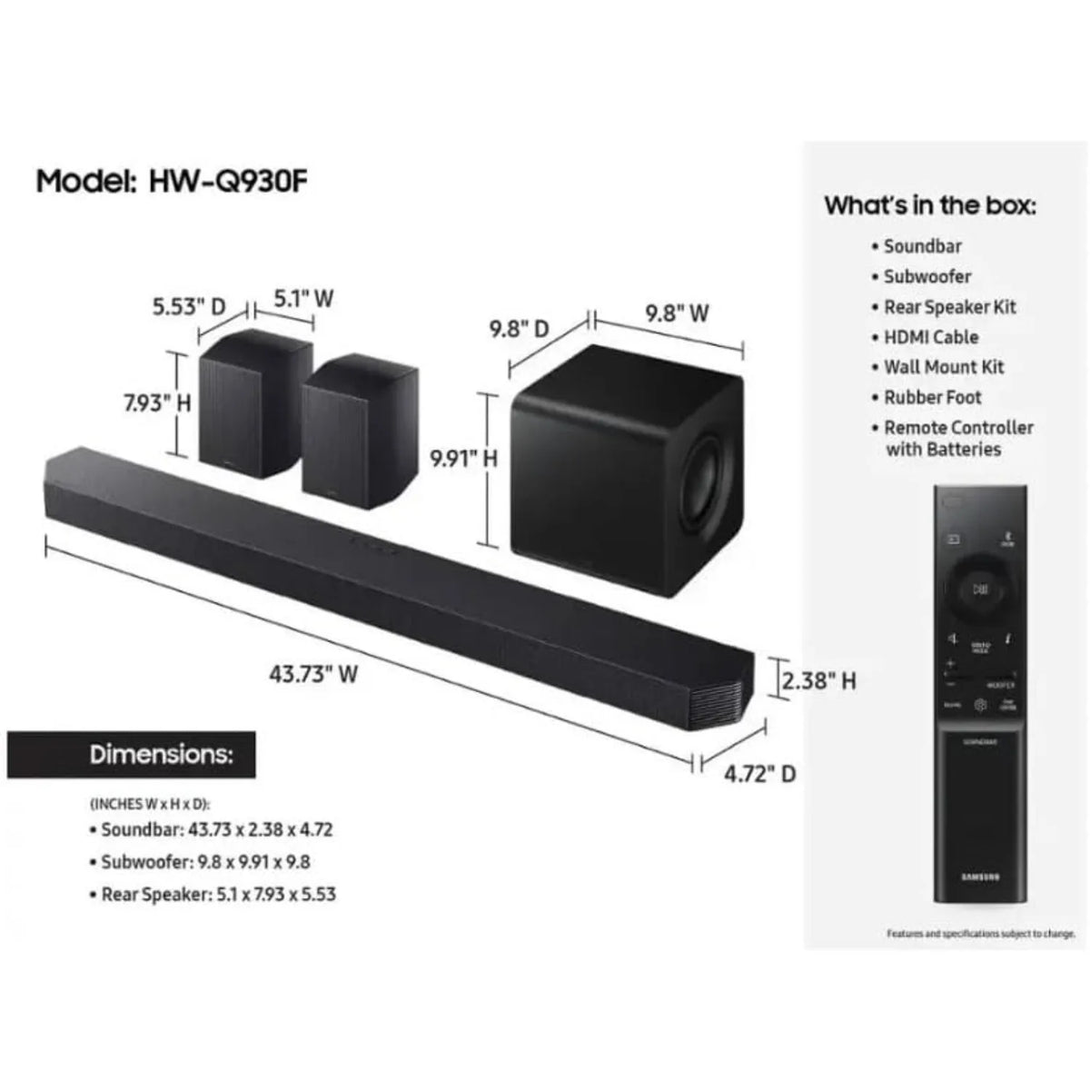 Diagrama de dimensiones del sistema de barra de sonido con subwoofer y altavoces traseros.