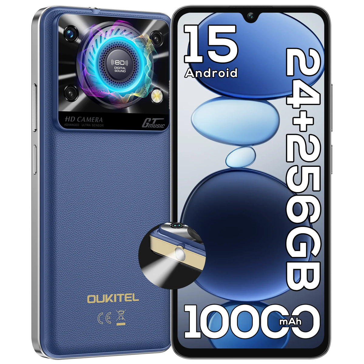 Smartphone OUKITEL C60PRO desbloqueado, Android 15, pantalla HD+ de 6,88 pulgadas y 90 Hz (1640 x 720), 24 GB de RAM (8 + 16 GB de memoria ampliable) + 256 GB de ROM, compatible con tarjeta TF de 1 TB para ampliar la memoria,