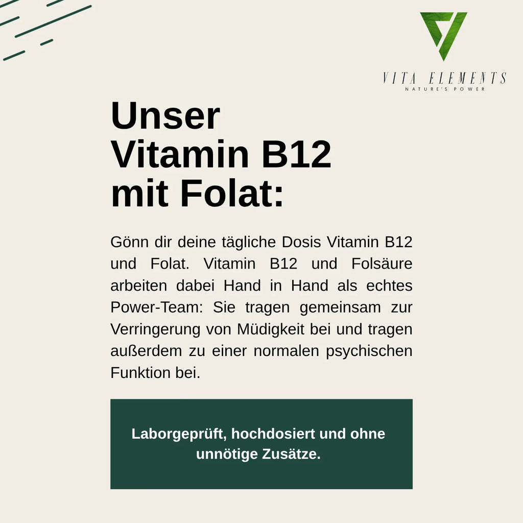 Tabletas de Vitamina B12 con Ácido Fólico |     Probado en laboratorio en Alemania |     Suplementos alimenticios |     Con vitamina B12 y ácido fólico |     Vegano |     Libre de modificaciones genéticas |     180 compr
