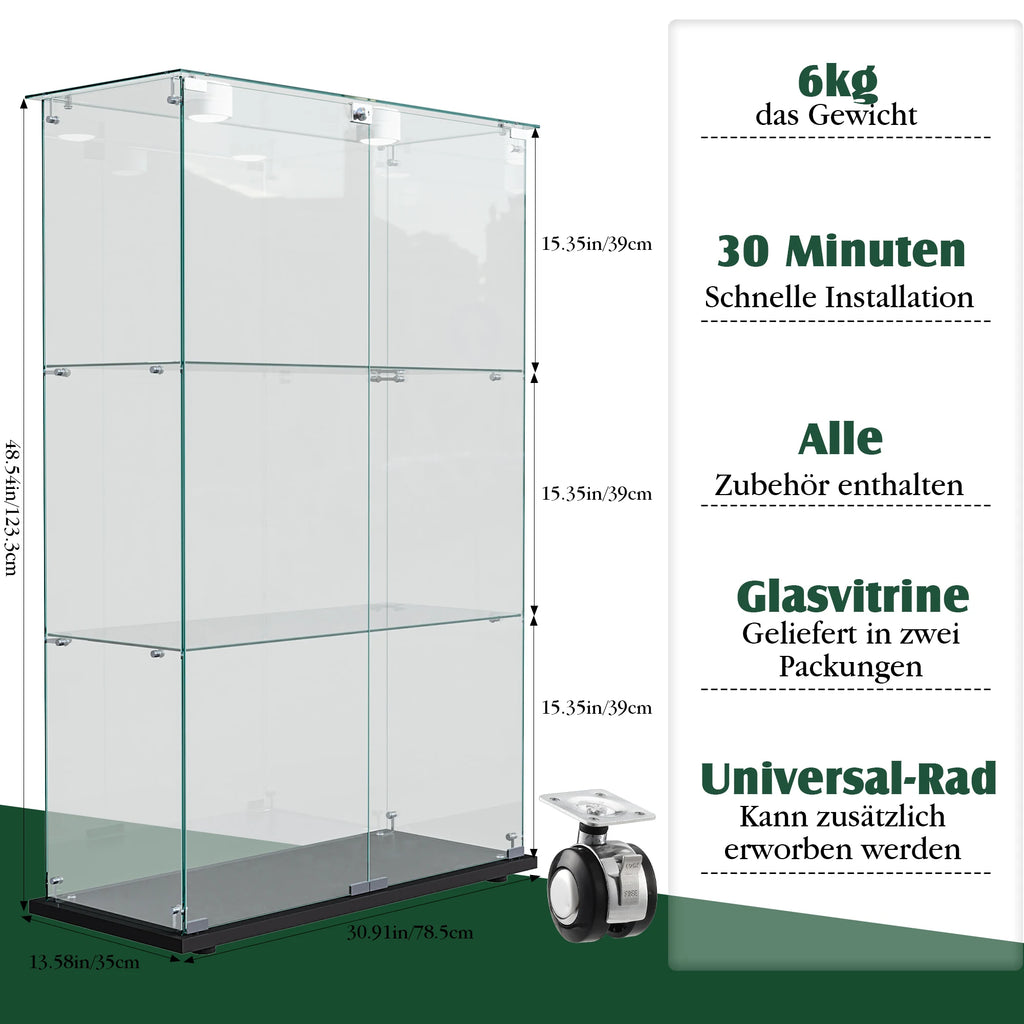 Vitrina de cristal, mueble expositor con iluminación LED, 3 niveles, 2 puertas y cerradura de seguridad, adecuada para salón y dormitorio