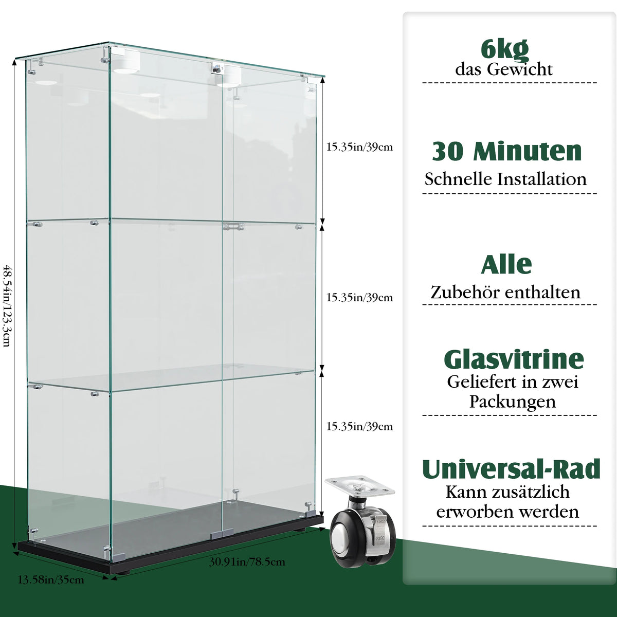 Vitrina de cristal, mueble expositor con iluminación LED, 3 niveles, 2 puertas y cerradura de seguridad, adecuada para salón y dormitorio