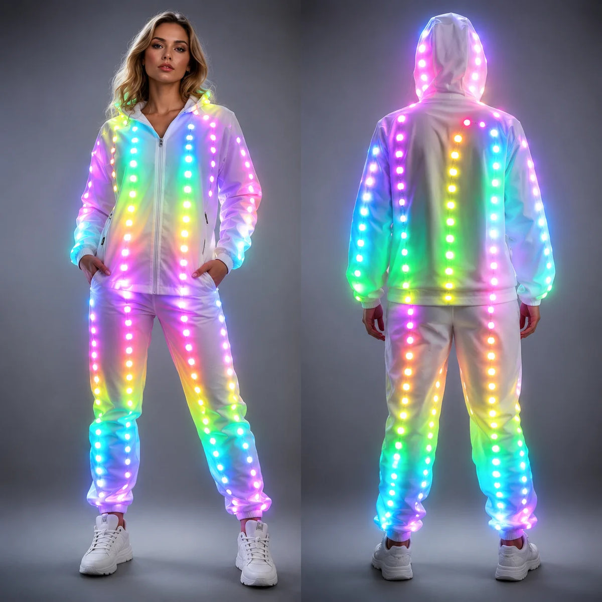 Traje de Luces LED de Píxeles a Todo Color para Chaqueta, Abrigo, Pantalones y Disfraces, Traje Luminoso Creativo para Escenario Exterior y Fiestas Rave