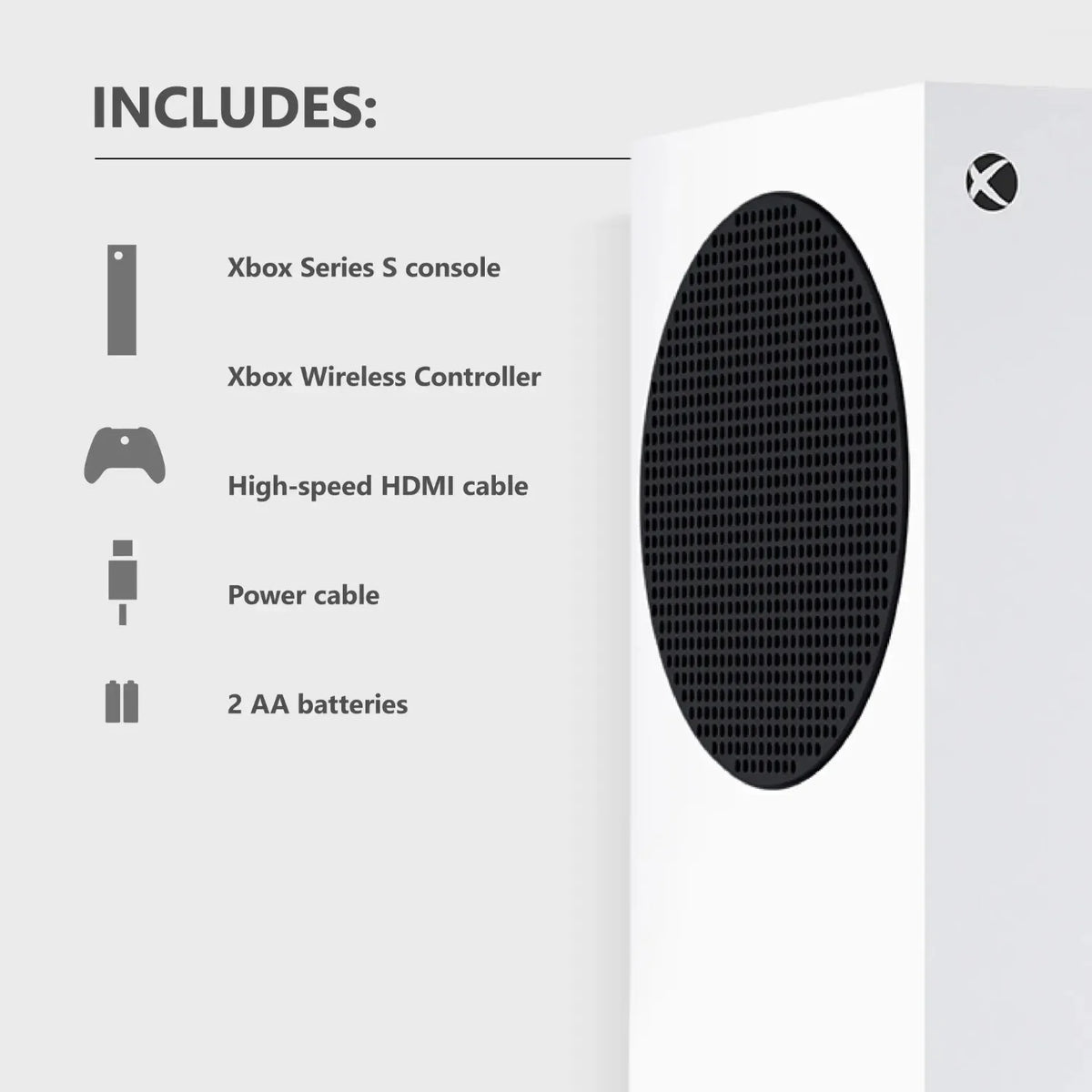 Consola Xbox Series S blanca y mando inalámbrico, con accesorios mostrados