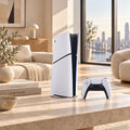 Consola Sony PlayStation 5 Slim Digital negra, vista frontal, con mando blanco.