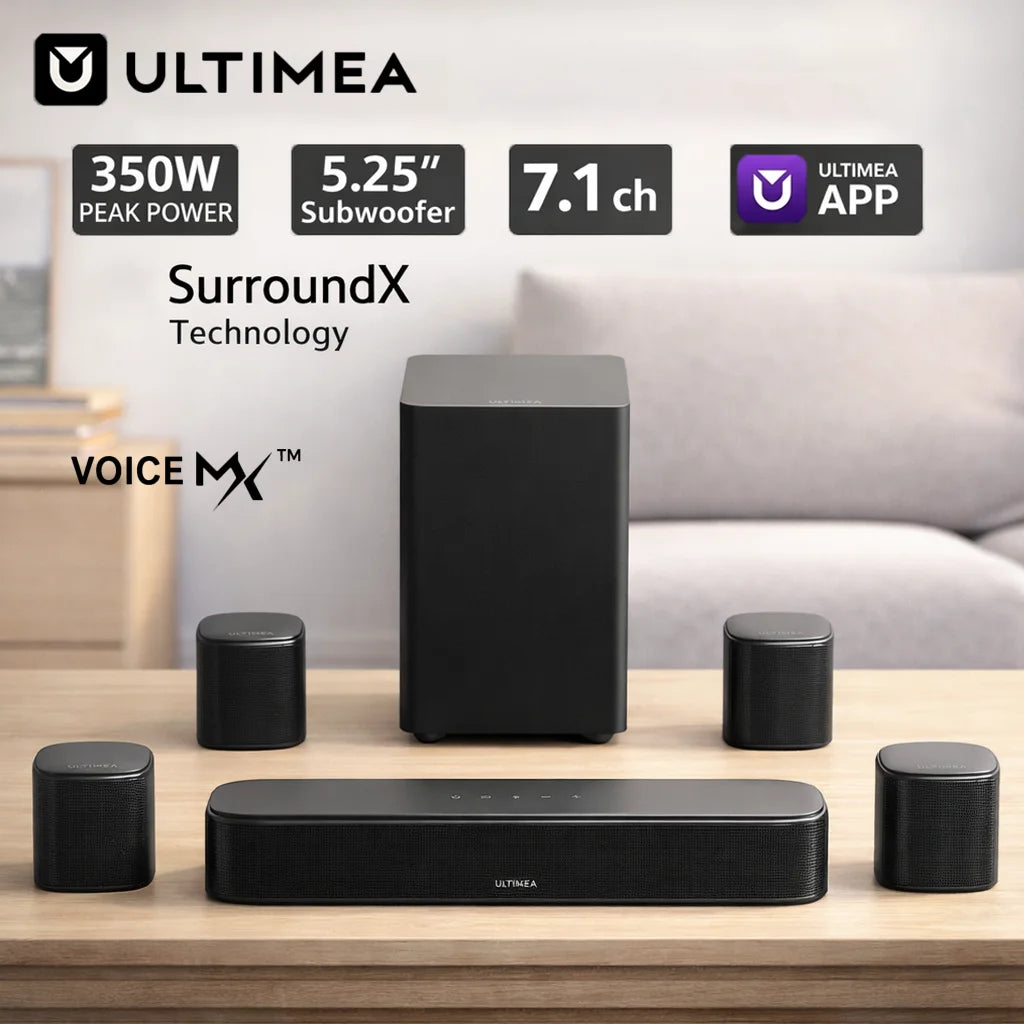 ULTIMEA Aura S4T 350W Barra de Sonido 7.1ch en Kit para TV con Subwoofer, 4 Altavoces Envolventes y Soportes de Montaje, Sistema de Cine en Casa, Control por App, HDMI ARC
