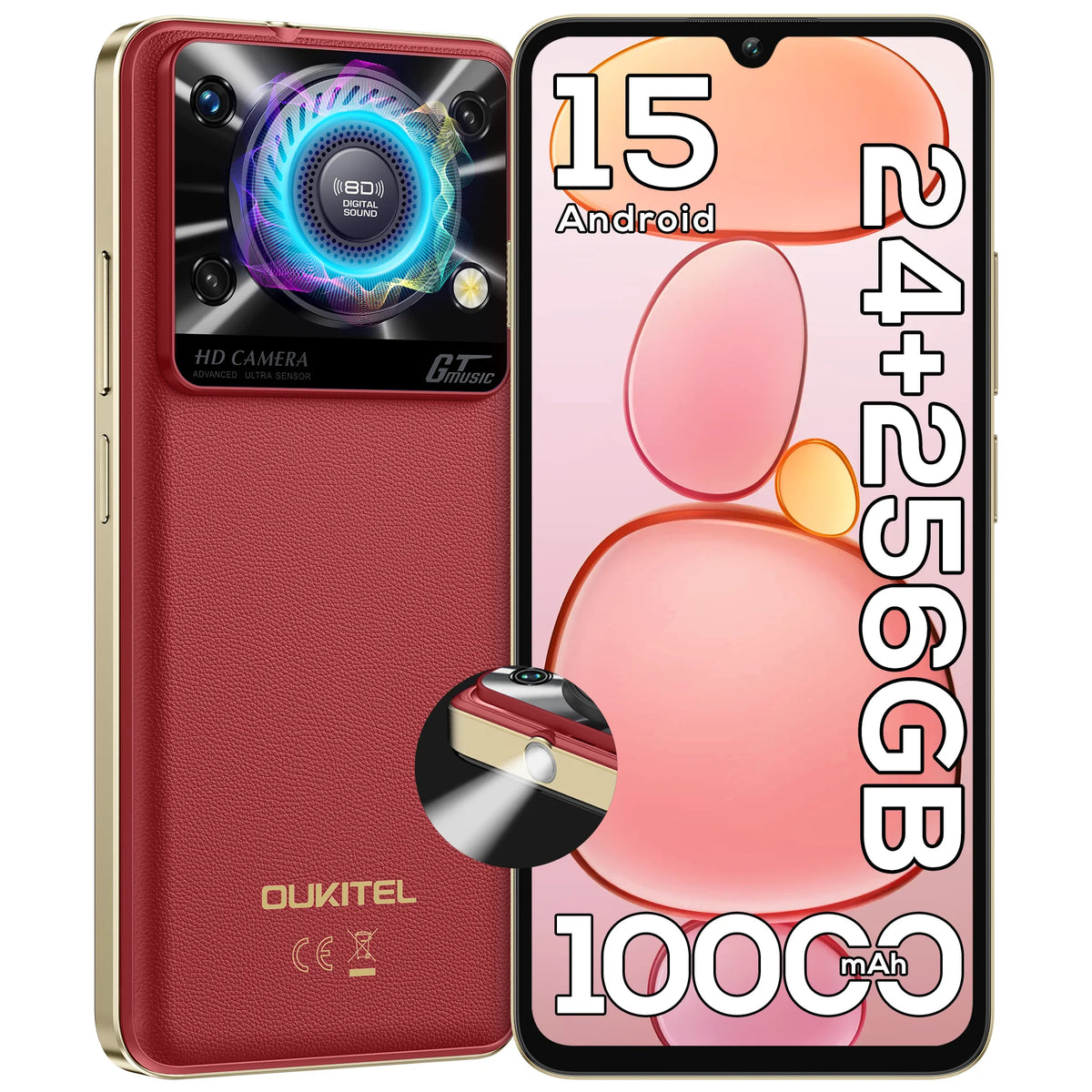 Smartphone OUKITEL C60PRO desbloqueado, Android 15, pantalla HD+ de 6,88 pulgadas y 90 Hz (1640 x 720), 24 GB de RAM (8 + 16 GB de memoria ampliable) + 256 GB de ROM, compatible con tarjeta TF de 1 TB para ampliar la memoria,