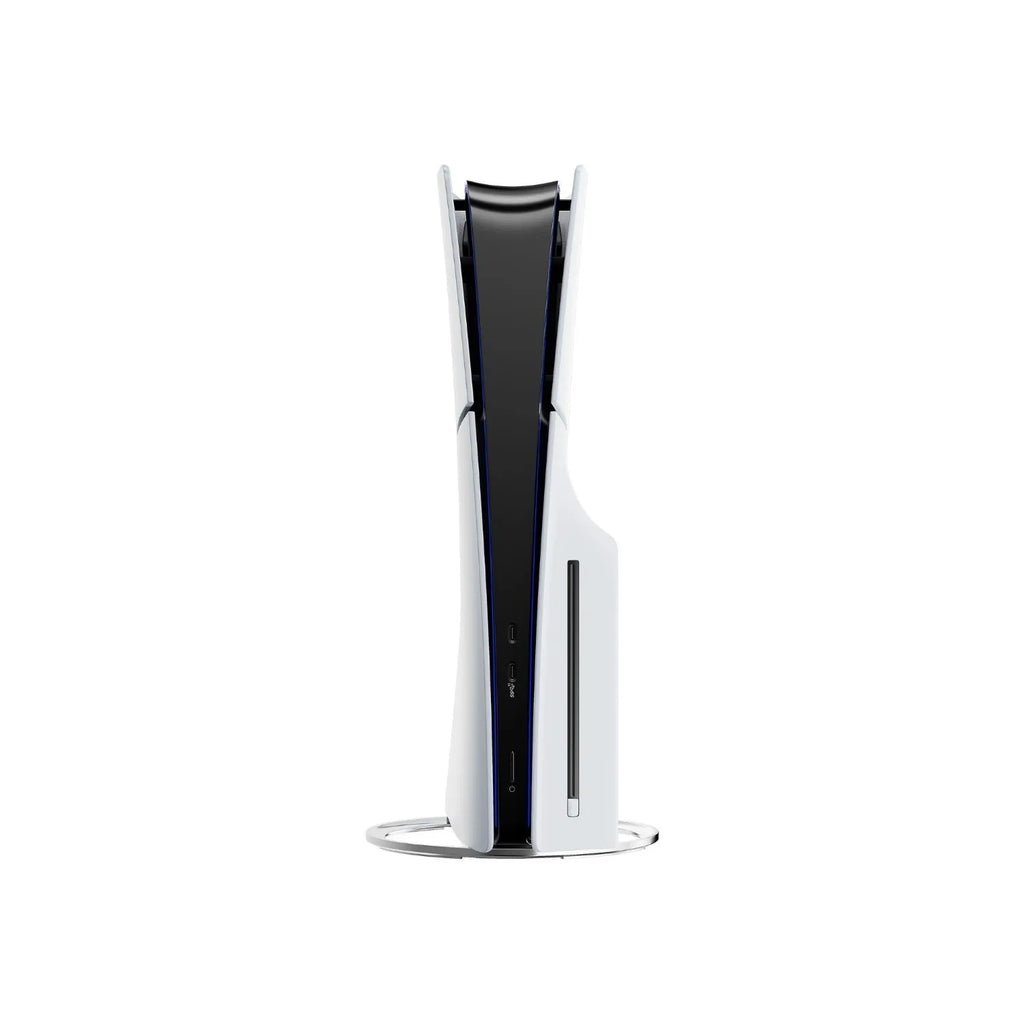 Consola de videojuegos blanca Slim, vista lateral con soporte