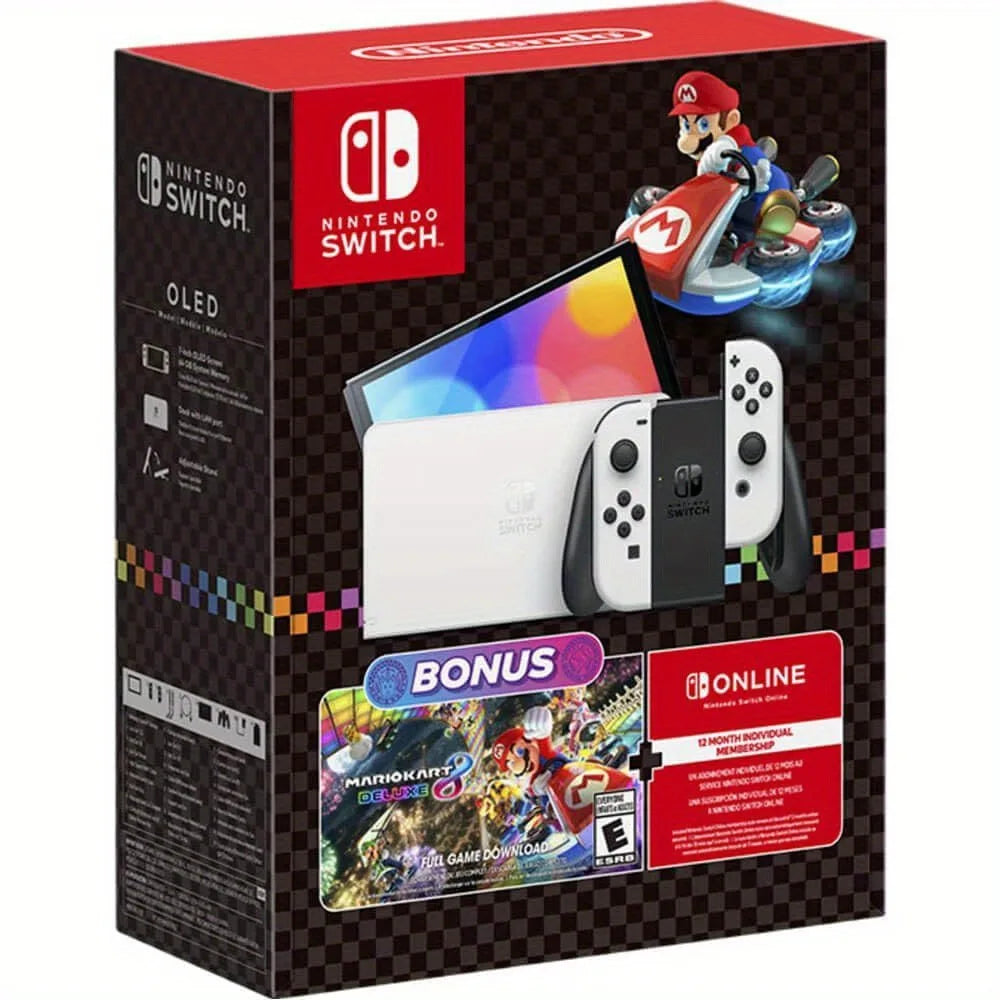 Consola Nintendo Switch OLED en caja con Joy-Con blancos y Mario Kart 8 Deluxe