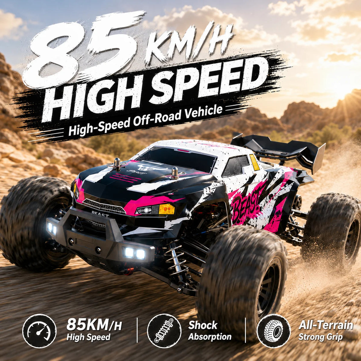 ZNLYRION Camioneta RC Todoterreno con Motor sin Escobillas 4x4, Buggy Todoterreno, Control Remoto de Precisión 2.4G con Interruptor de Luces, Neumáticos Grandes y Resistentes, Auto RC con 2 Baterías, Regalo para Amantes de