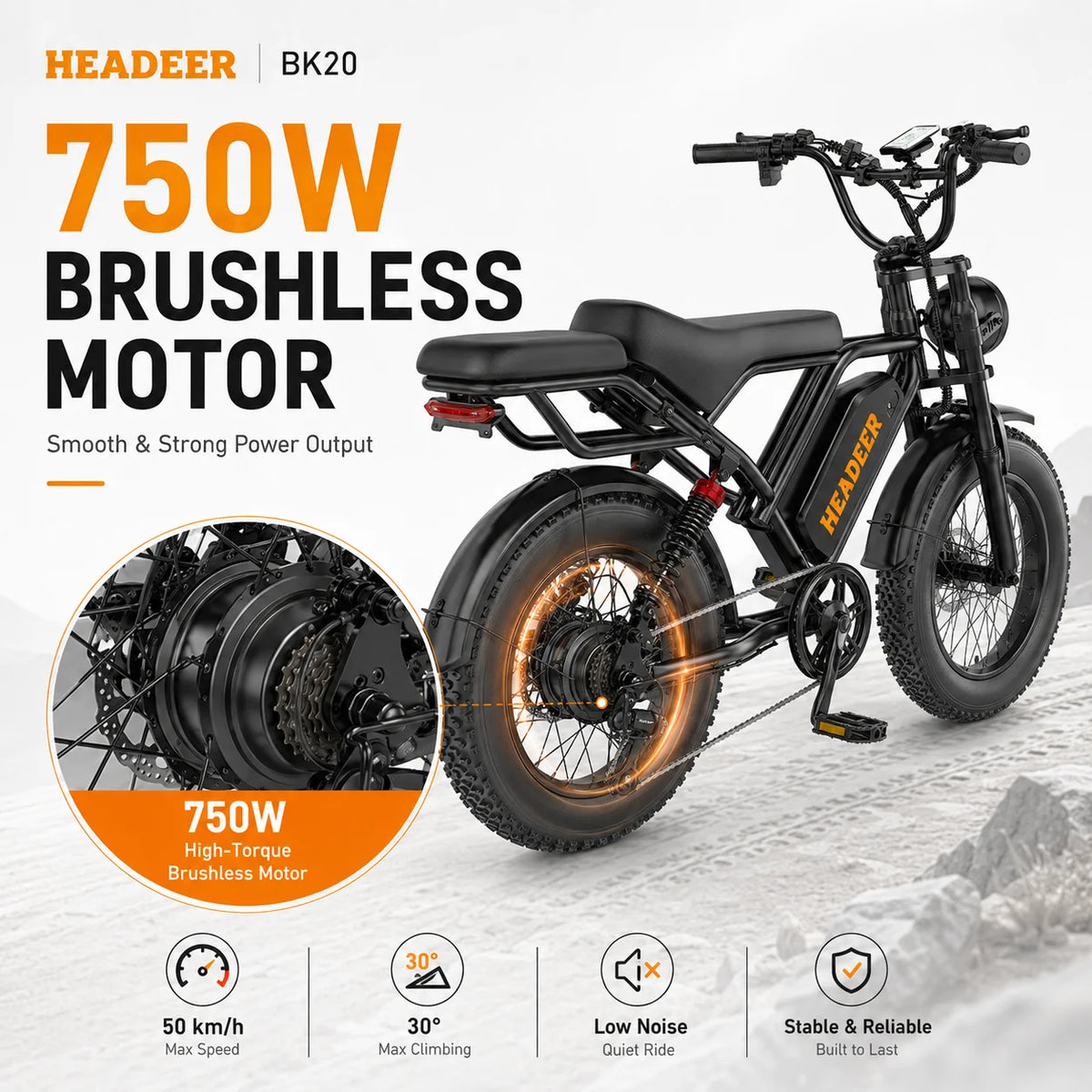 HEADEER BK20 750W Fat Tire Electric Bike for Adults, 48V 20Ah Battery, 20x4.0 All-Terrain E-Bike, 50KM/H, Dual Suspension