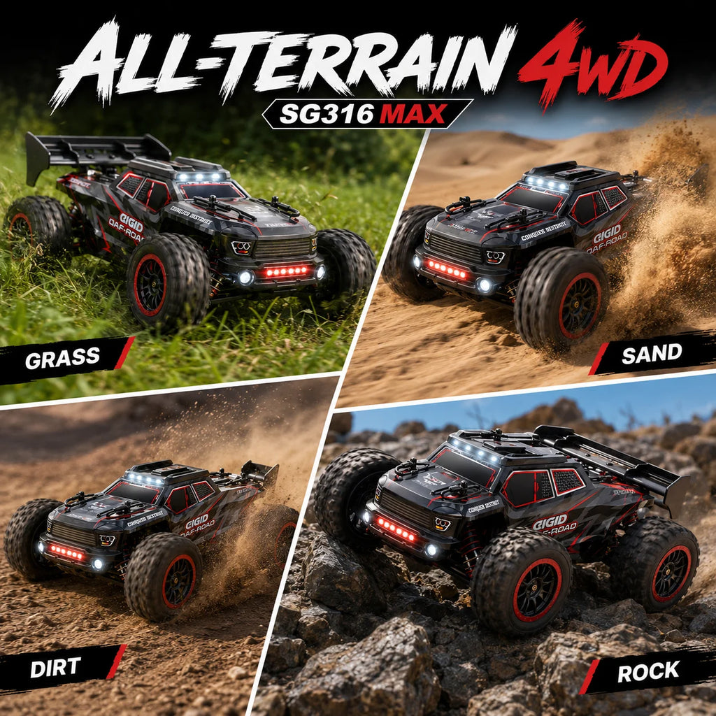 Auto RC sin Escobillas de Alta Velocidad 80km/h para Todo Terreno con Luces LED Brillantes, Control Remoto 2.4G, Camioneta RTR 1/16, Auto Todoterreno 4WD