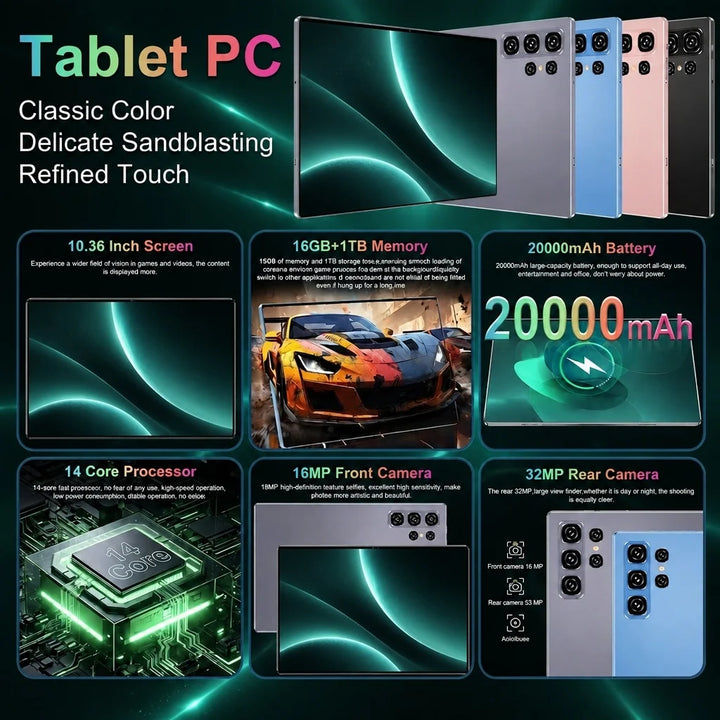 1. Tableta Android de 10.36 Pulgadas con Pantalla de Visión Clara, Versión Global 2026, Rendimiento de Respuesta Rápida, 16GB+1TB, Procesador de 14 Núcleos, Batería de 20000mAh, Android 13.0, Wifi, Cámaras Duales de 16M