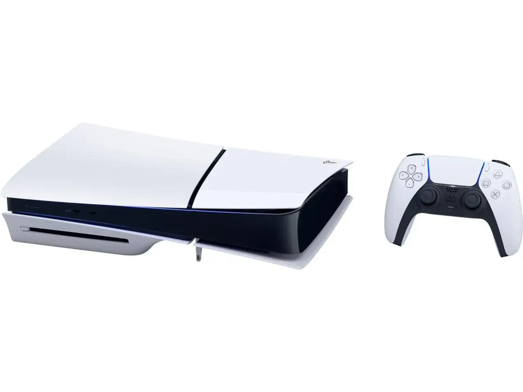 Consola PlayStation 5 Slim blanca con tapa superior y control inalámbrico.