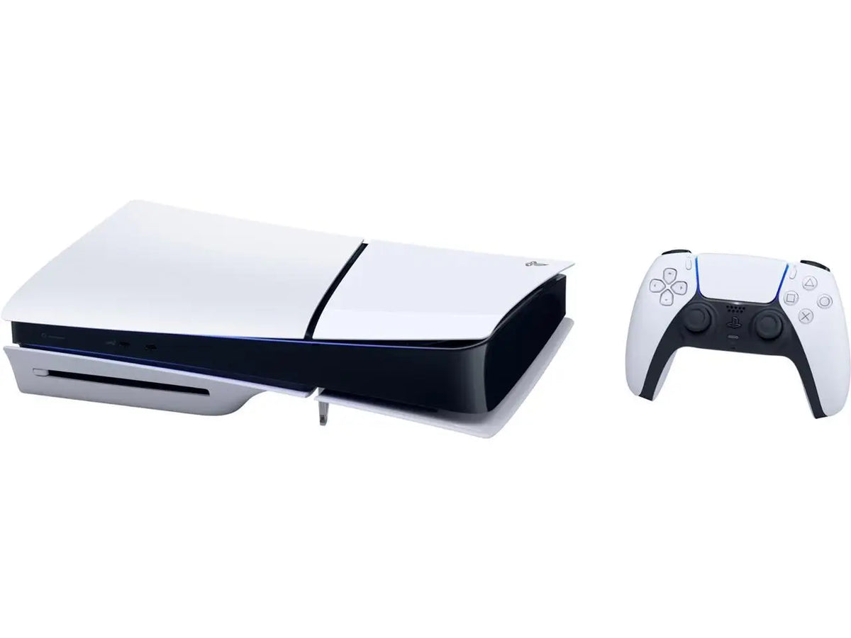 Consola PlayStation 5 Slim blanca con tapa superior y control inalámbrico.