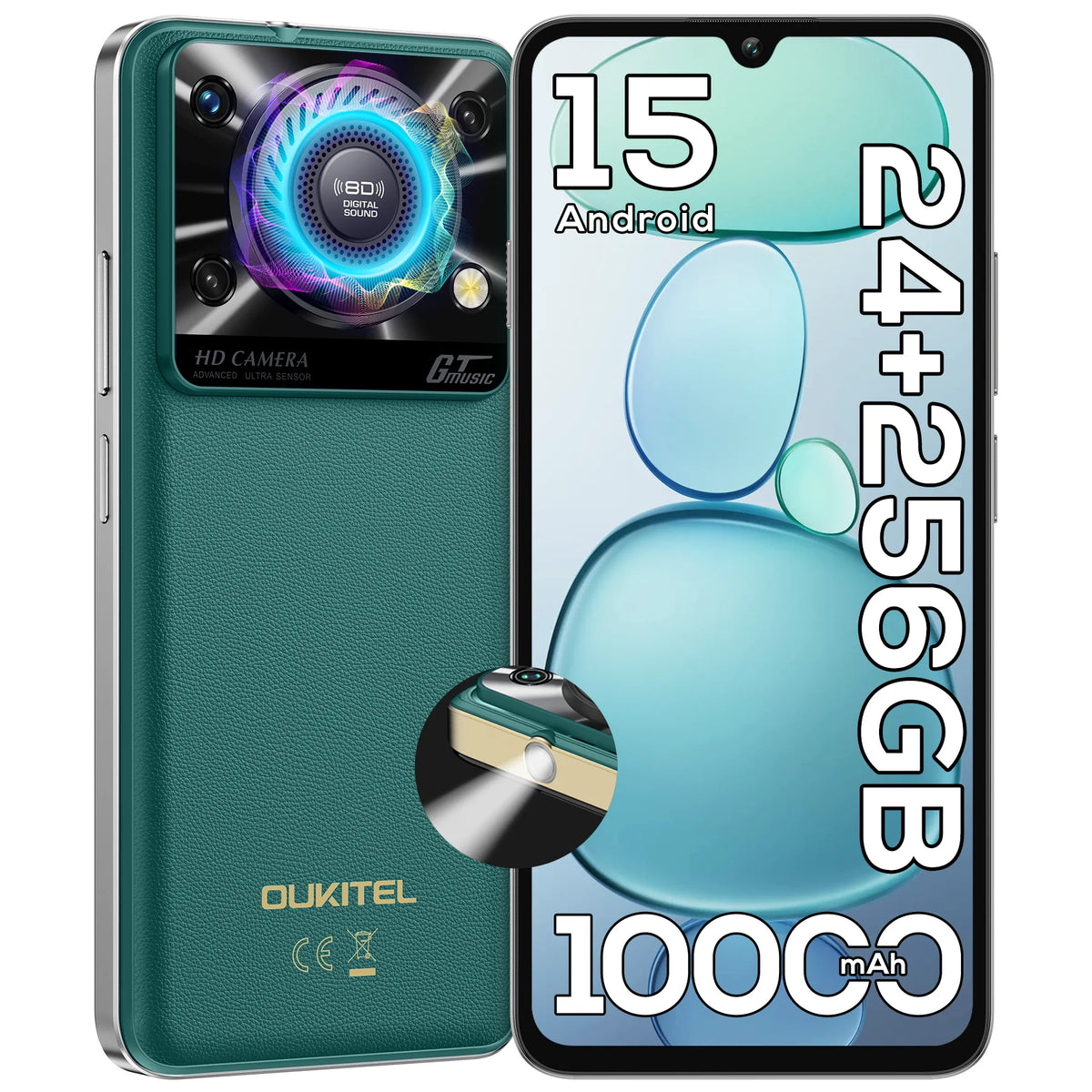 Smartphone OUKITEL C60PRO desbloqueado, Android 15, pantalla HD+ de 6,88 pulgadas y 90 Hz (1640 x 720), 24 GB de RAM (8 + 16 GB de memoria ampliable) + 256 GB de ROM, compatible con tarjeta TF de 1 TB para ampliar la memoria,