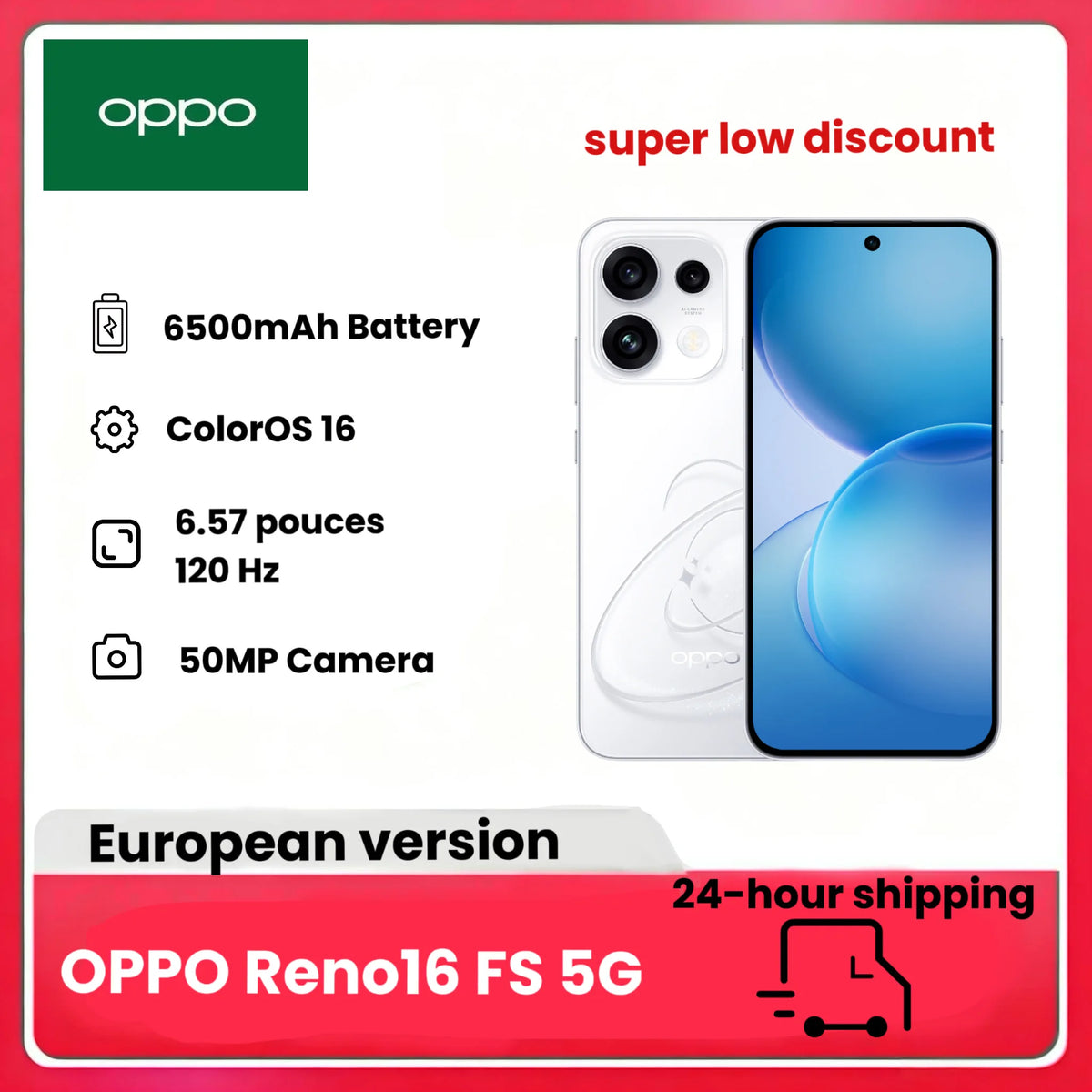 Smartphone desbloqueado OPPO Reno16 FS 5G, 8+512GB, cámara selfie ultra gran angular de 50MP, video 4K con autoenfoque, pantalla de 6.57" a 120Hz, IP69K (cargador no incluido)