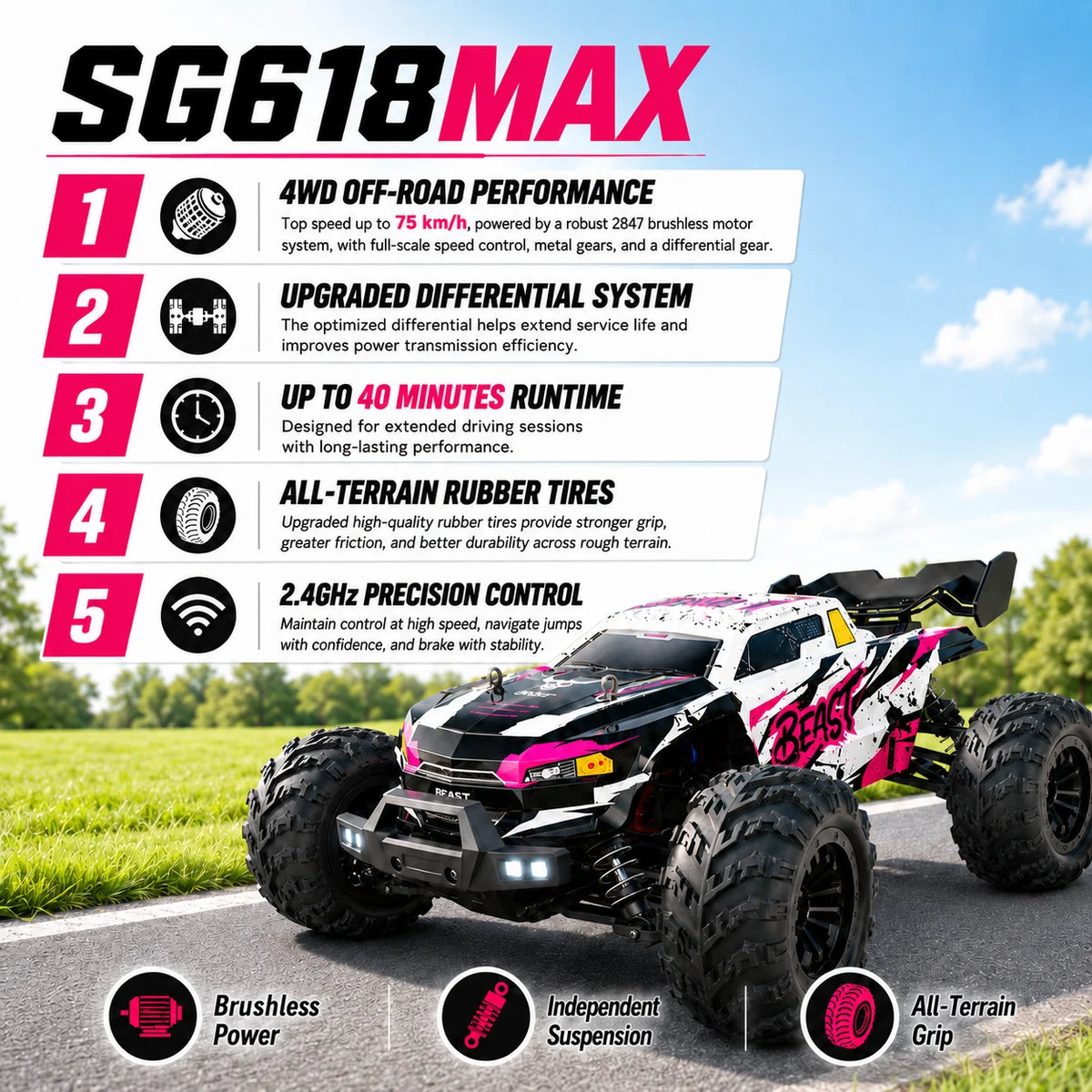ZNLYRION, coche teledirigido RC todoterreno, camión monstruo 4WD sin escobillas, 2,4 GHz, 3 velocidades ajustables, con faros LED, vehículo RC de gran tamaño para todo tipo de terreno, 2 baterías recargables, juguete RTR