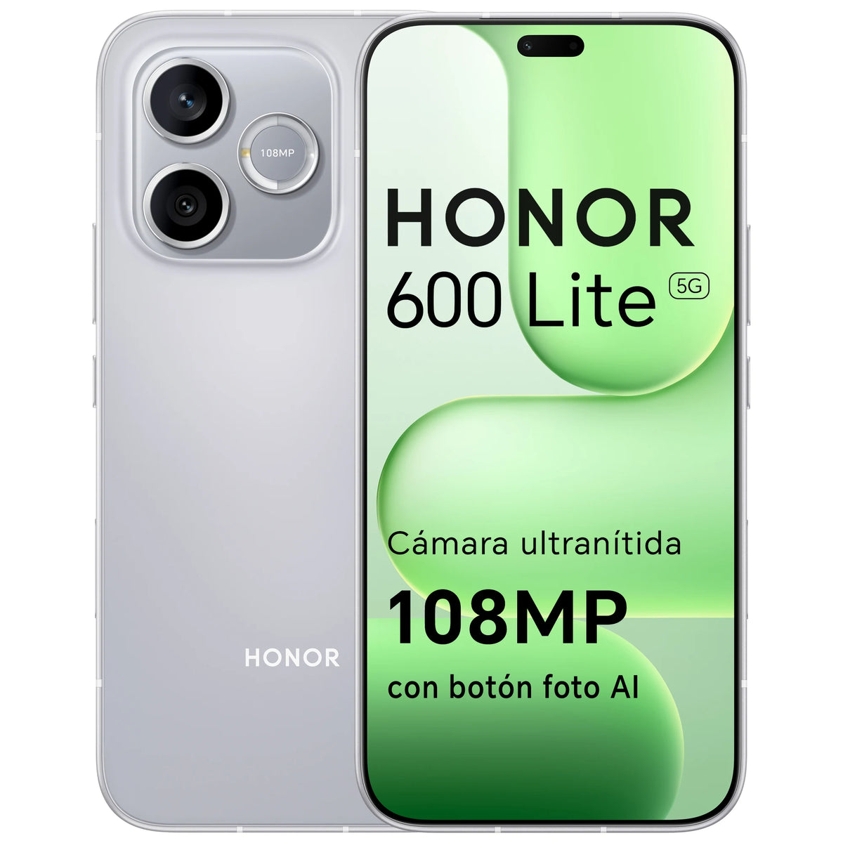 Smartphone Honor 600 Lite 5G, 8 GB de RAM y 256 GB de memoria, cámara de 108 MP con botón de IA, pantalla AMOLED de 6.6" con cuidado ocular, 6520 mAh con carga rápida de 45 W, IP66 y SGS, Android 16, doble SIM, NFC