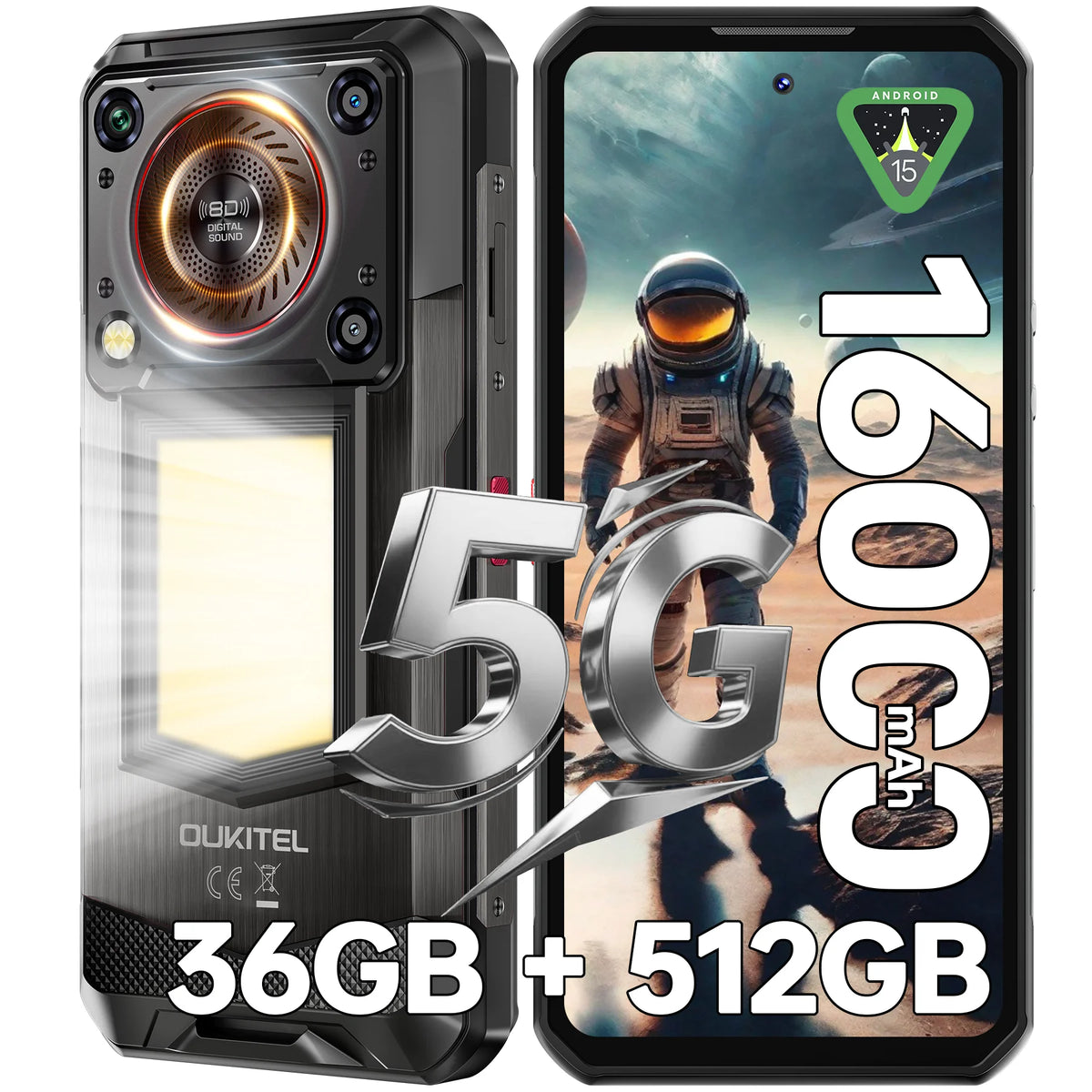 OUKITEL WP56, teléfono inteligente resistente 5G, desbloqueado, 32 GB + 256 GB/512 GB, Android 15, teléfono resistente, 16000 mAh con luz de camping, pantalla FHD+ de 6,8" y 120 Hz, carga rápida de 45 W, cámara de 108 MP,