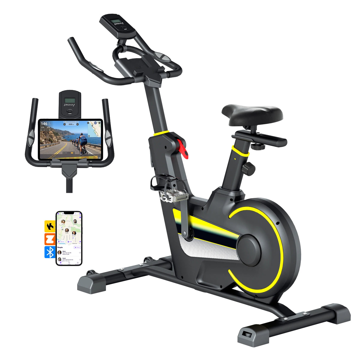 Bicicleta estática de interior con aplicación inteligente, bicicleta de spinning ultra silenciosa, resistencia ajustable, monitor LCD y sensor de frecuencia cardíaca, capacidad máxima de peso 160 kg, bicicleta de fitness