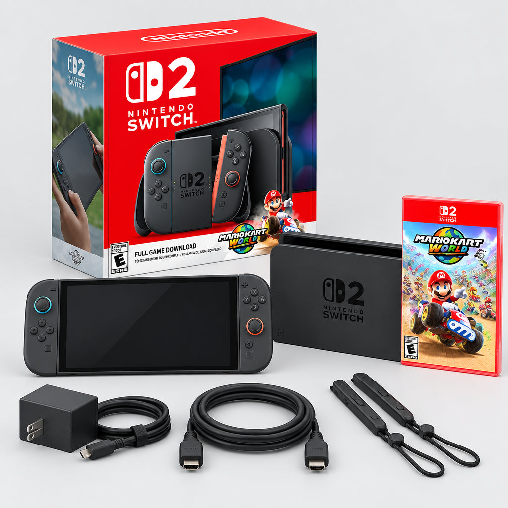 Consola Nintendo Switch 2 en caja roja con Mario Kart World y sello 1 año