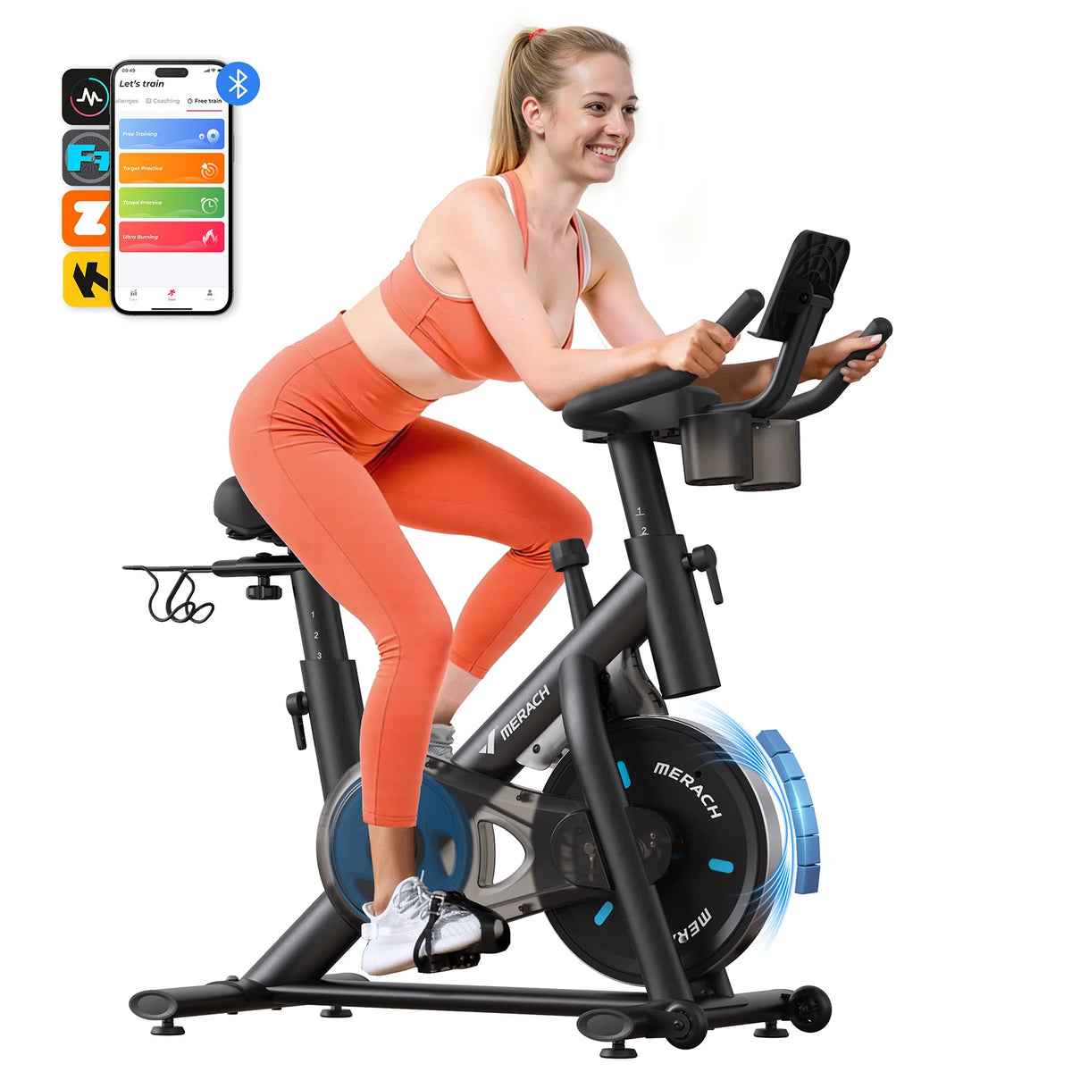 MERACH Bicicleta Estática en Casa, S26B2 Bicicleta Spinning con Monitor LED, Transmisión Silenciosa por Cinturón y Cómodo Cojín de Asiento, App Propia, Capacidad de 122 kg, Entrenamiento Aeróbico