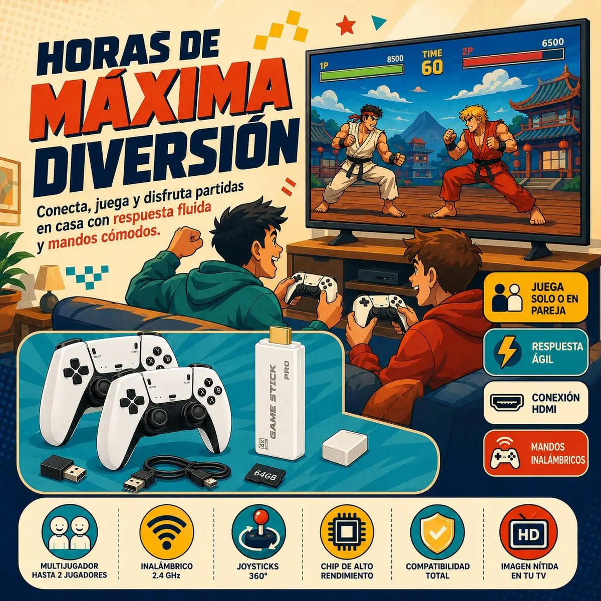 Consola Retro Pro PLUS. 2026 con 2 Controles Inalámbricos |   23 Plataformas y Miles de Títulos, 2 Controles Inalámbricos Blancos, Consola de Videojuegos Arcade, Juegos Clásicos, Conector HDMI para TV