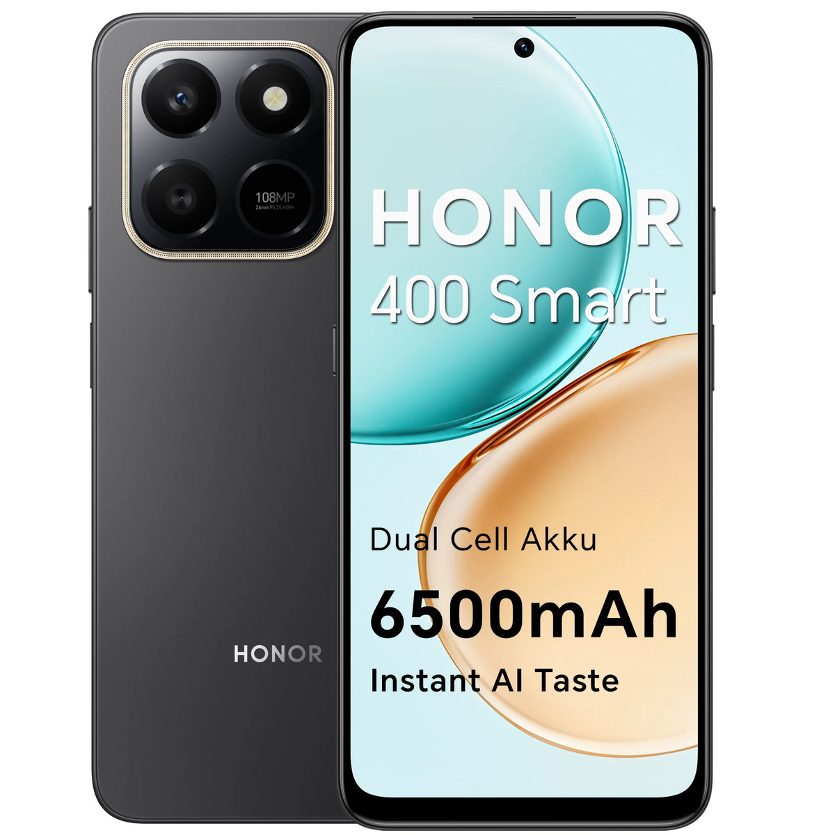 Smartphone HONOR 400 Smart 4G Dual SIM NFC Android 15, batería de celda dual de 6500 mAh, cámara de 108 MP + 2 MP, botón AI, pantalla Comfort de 6,77 pulgadas a 120 Hz, certificación 5 estrellas SGS e IP65