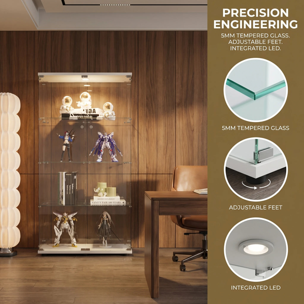 Vitrina de cristal con iluminación LED de 2 puertas, gabinete curio de 4 niveles con estantes de vidrio templado, expositor para coleccionables, figuras, vino o libros para el hogar u oficina