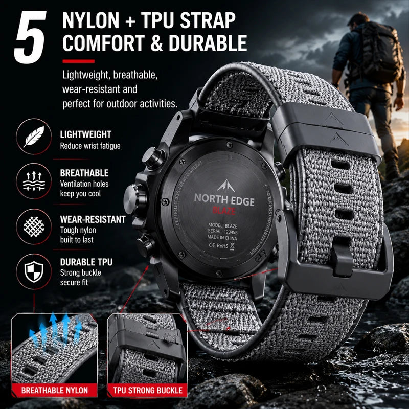 NORTH EDGE BLAZE 2026 Relojes para hombre, energía solar, caja de acero inoxidable 316, reloj de cuarzo para hombre, estilo piloto, resistente al agua 50m, cronómetro