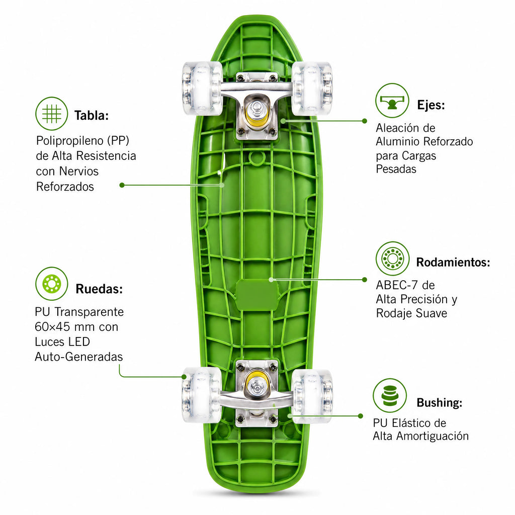 Mini Cruiser,Monopatín completo de 68,5 cm con ruedas luminosas y textura de rejilla para mejorar el agarre. Ideal para practicar y disfrutar al aire libre