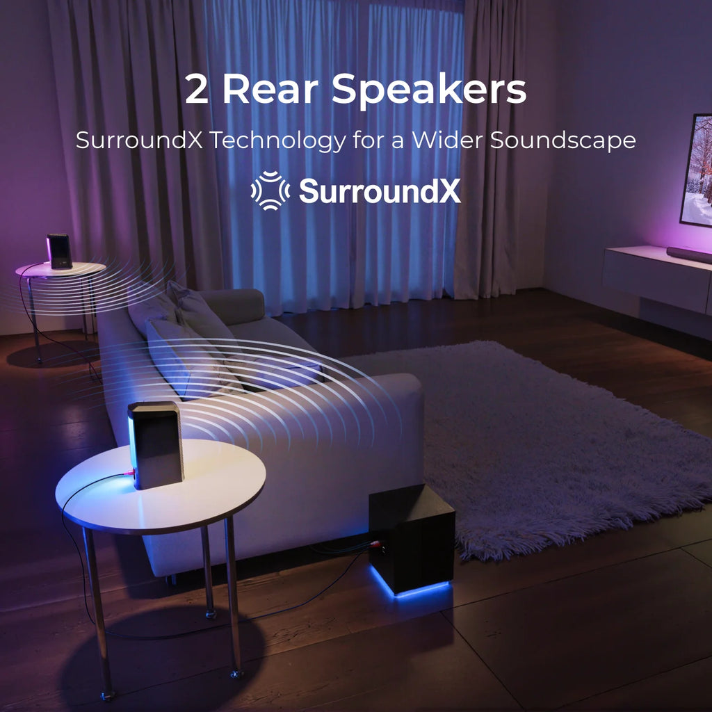 Barra de sonido ULTIMEA 9.1CH con sonido envolvente Dolby Atmos y subwoofer inalámbrico de 6,5 pulgadas, potencia máxima de 470 W, tecnología SurroundX. ™ , BassMX ™ Diseño 3 en 1 desmontable, iluminación RGB, HDMI,