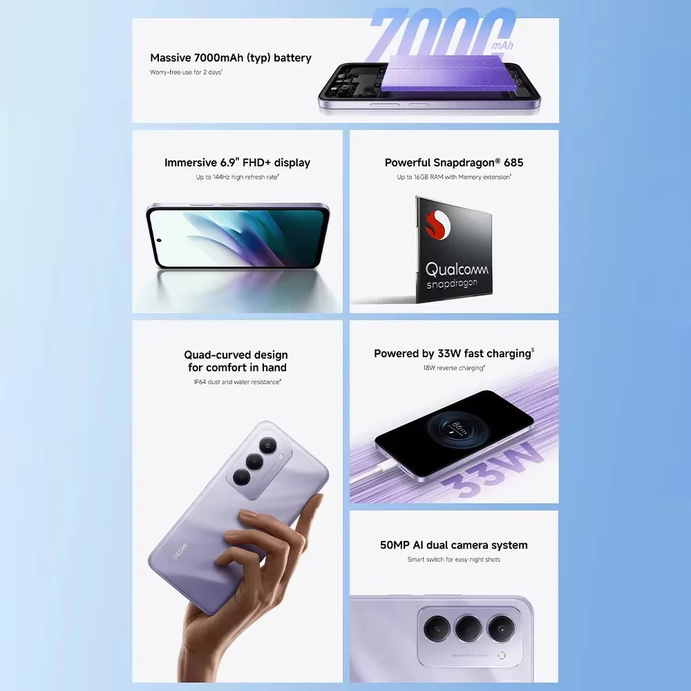 Xiaomi Redmi 15 4G Cellphone Global Version 7000mAh Battery 6.9" 50MP Snapdragon 685 Processor Non-NFC Smartphone