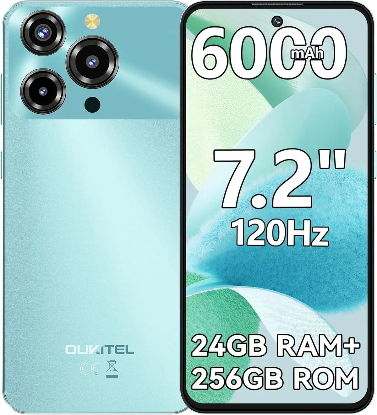 OUKITEL C69 4G [2025] Teléfonos celulares desbloqueados, teléfono inteligente Android 15, 24GB RAM + 256GB ROM/1TB, 6000mAh, pantalla HD+ de 7.2" y 120Hz