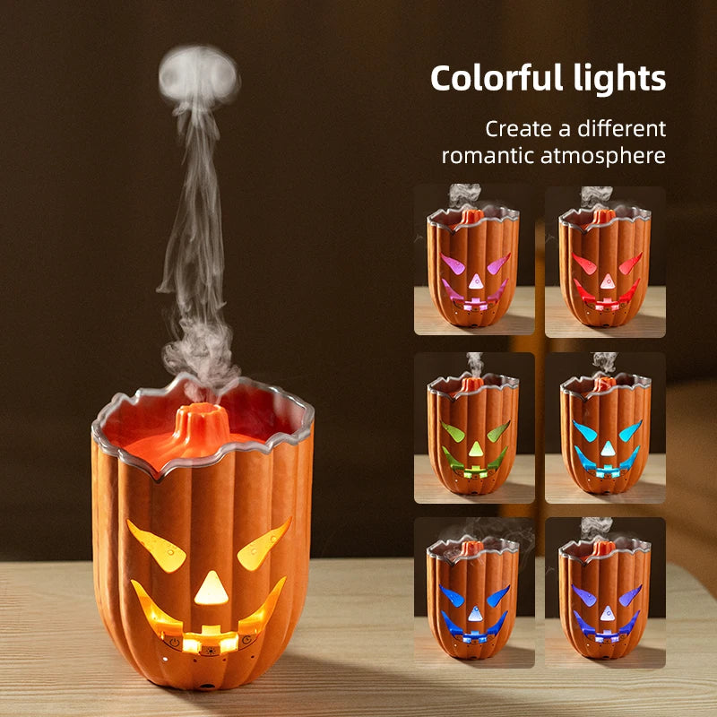 Humidificador con forma de calabaza de Halloween, difusor de aceites esenciales con aroma a medusa y función de nebulización, con control remoto y luz nocturna LED de 7 colores.