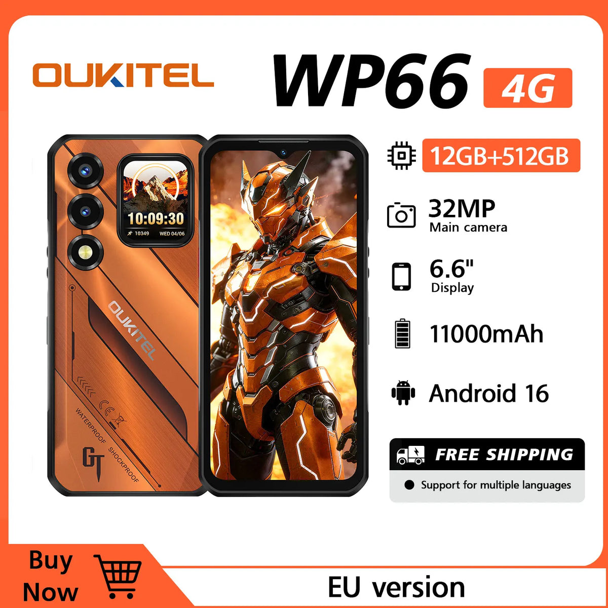 OUKITEL WP66 5G Teléfono Resistente Desbloqueado, Pantalla de 6.6", Smartphone de 11000mAh/33W, 36GB(12+24) RAM + 512GB ROM/TF 2TB, 120HZ