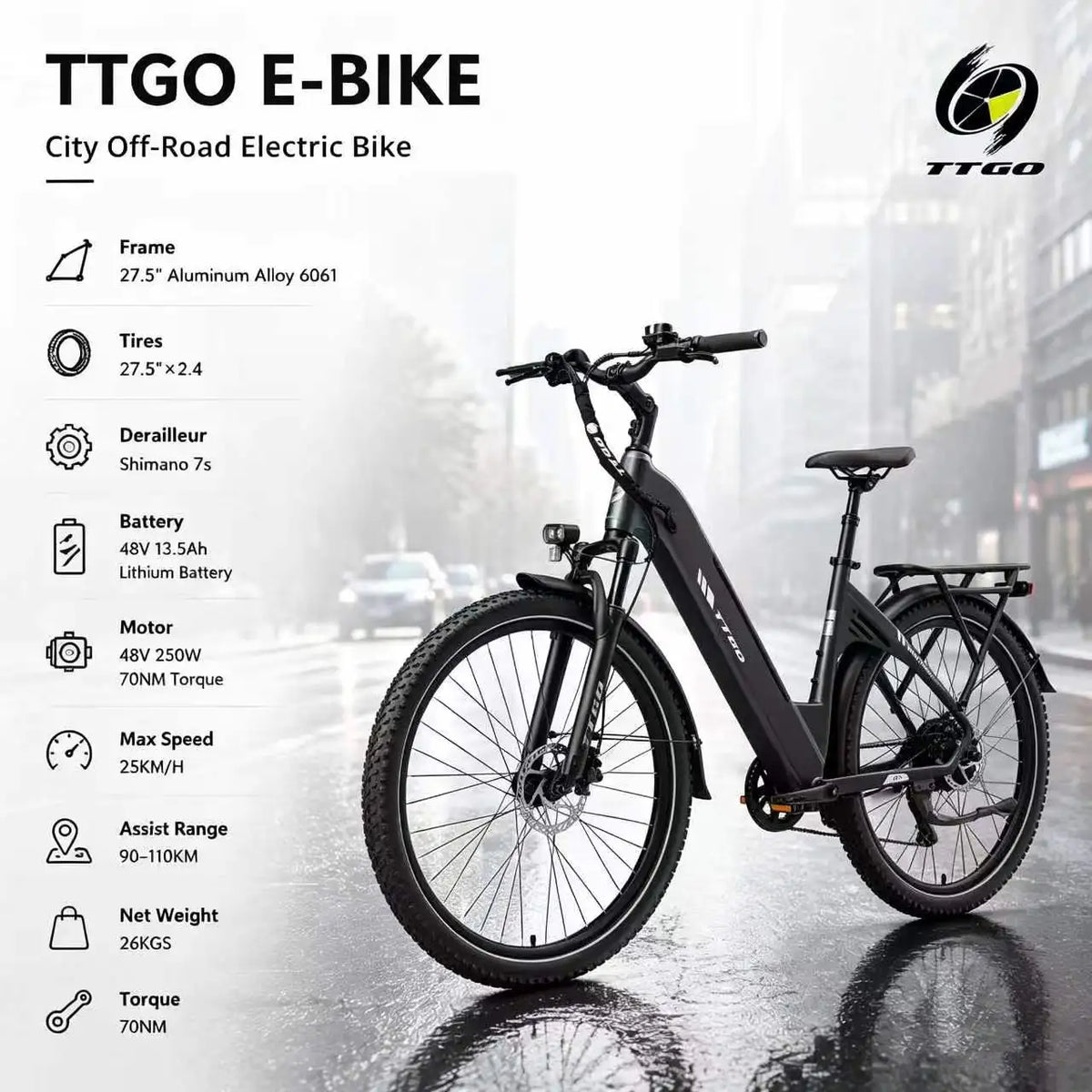 TTGO C5 250W Electric City Bike for Adults, 48V 13.5Ah Removable Battery, 62Nm Brushless Motor, Low-Step Aluminium Frame, Hydraulic Disc Brakes,  7-Speed, Front Suspension E-Bike for Men and Women