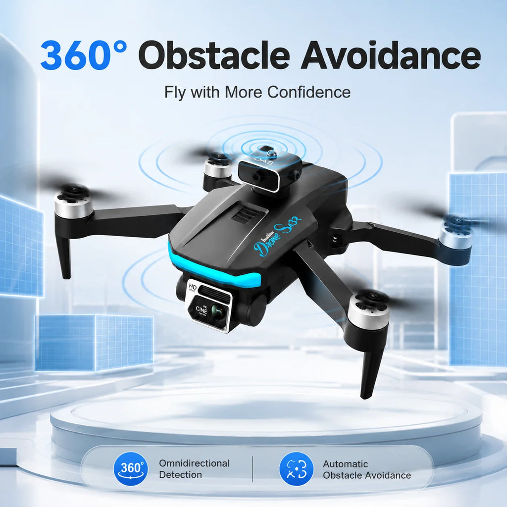Dron RC negro con doble cámara y hélices; antenas y módulos con acentos azul turquesa