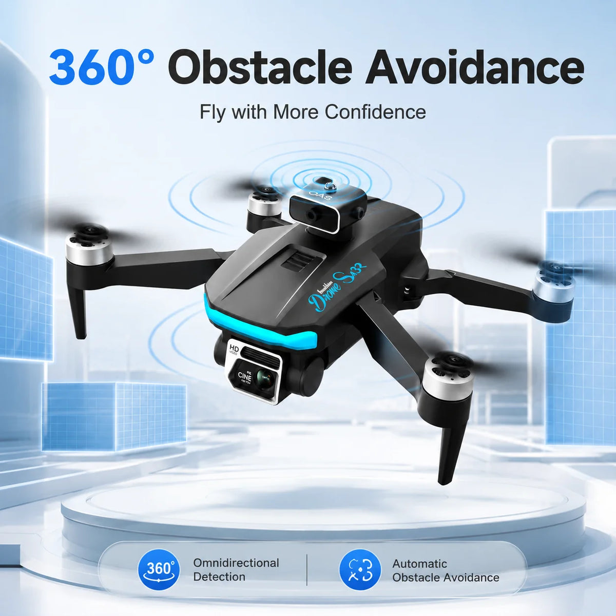 Dron RC negro con doble cámara y hélices; antenas y módulos con acentos azul turquesa