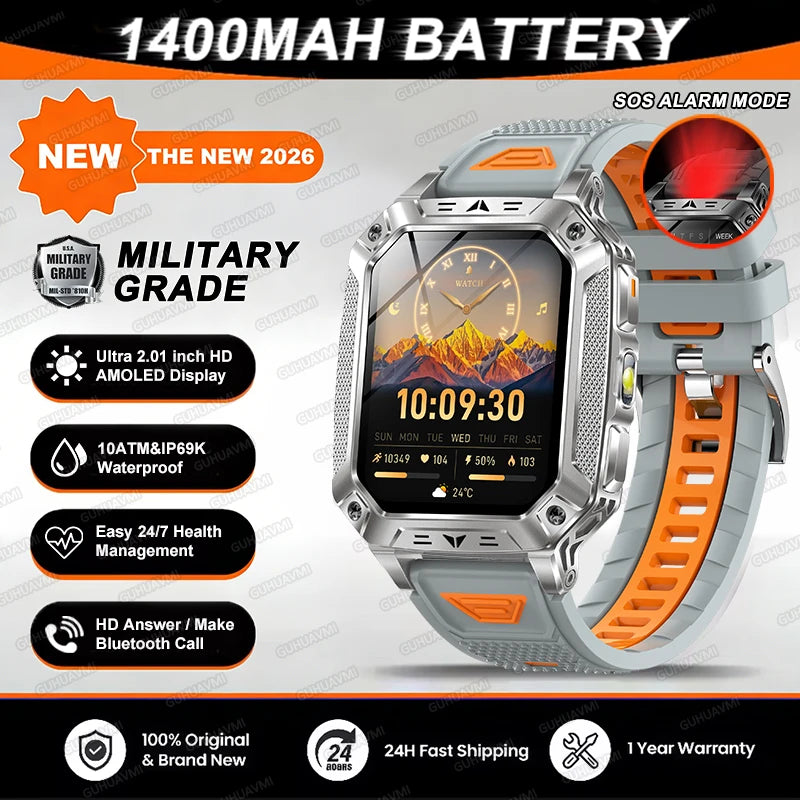 Reloj inteligente militar 2026 TANK, nuevo, 1400 mAh, GPS, pantalla AMOLED de 2.01", resistente al agua 10ATM, reloj, llamada SOS, linterna, para hombre, compatible con iOS