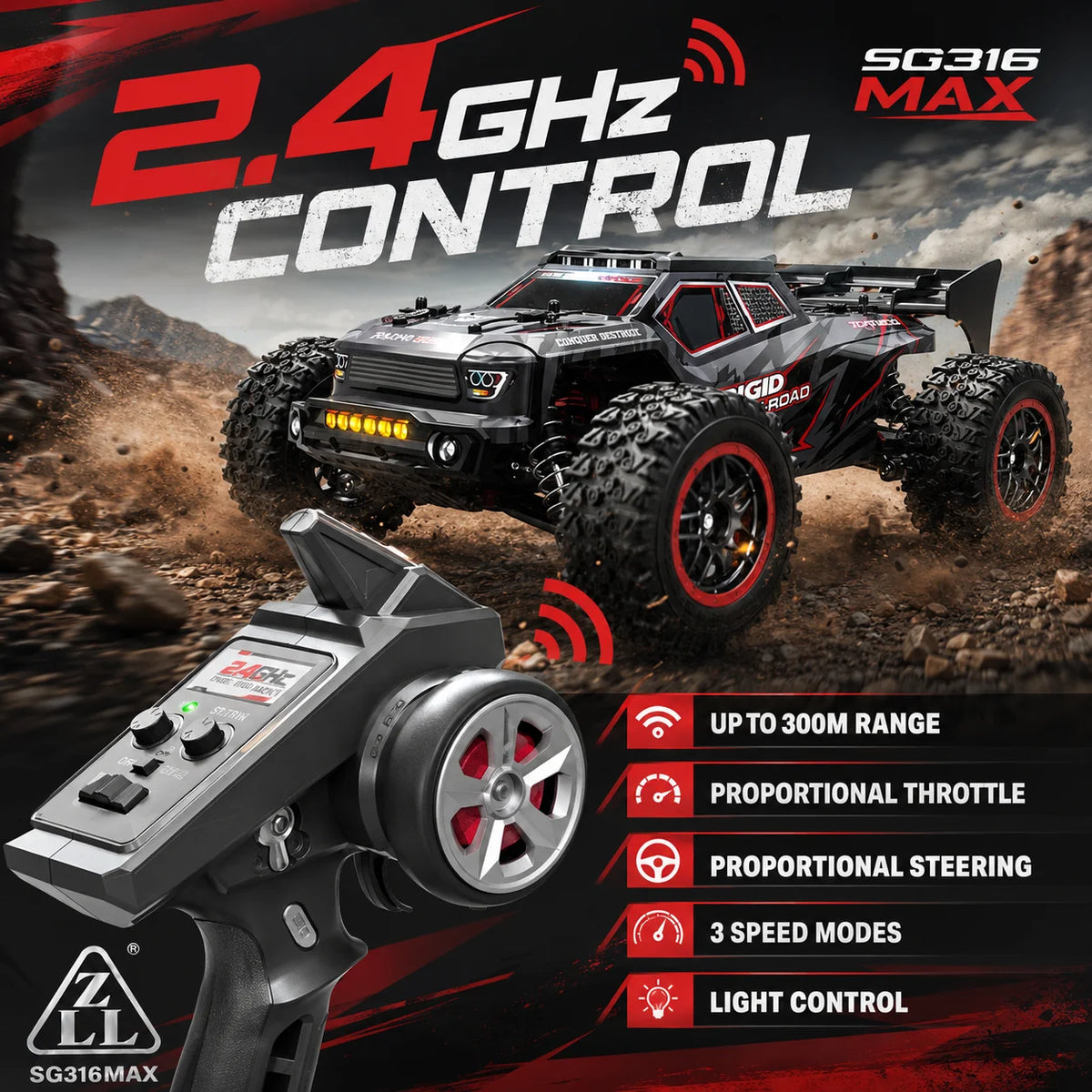 Auto RC sin Escobillas de Alta Velocidad 80km/h para Todo Terreno con Luces LED Brillantes, Control Remoto 2.4G, Camioneta RTR 1/16, Auto Todoterreno 4WD
