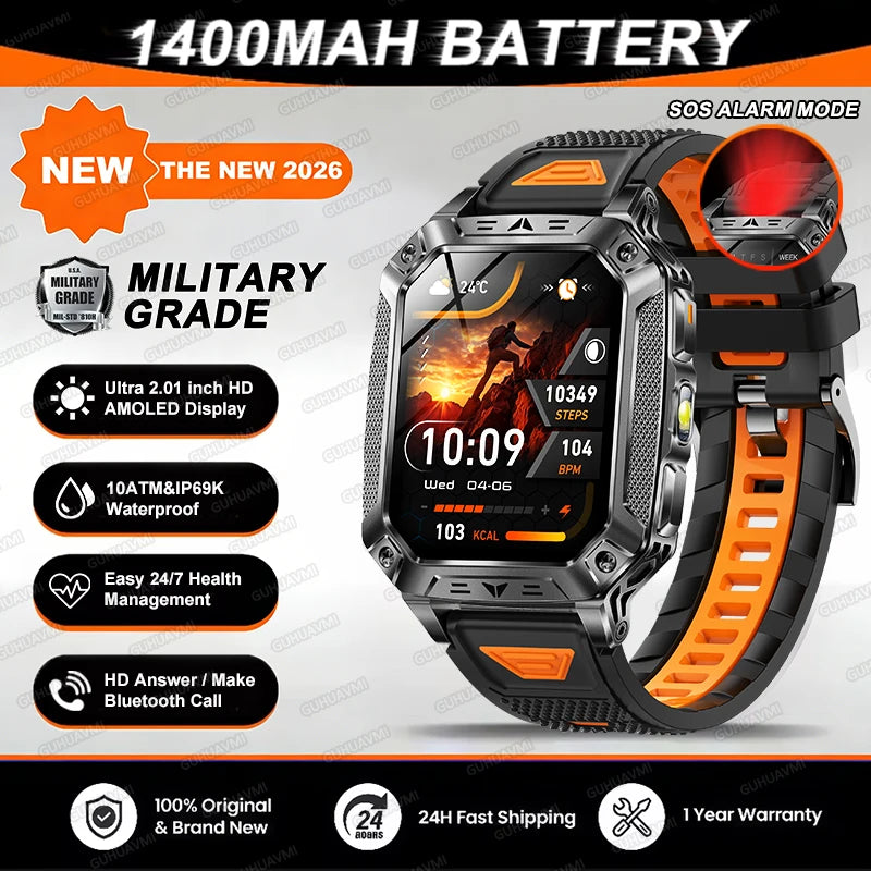 Reloj inteligente militar 2026 TANK, nuevo, 1400 mAh, GPS, pantalla AMOLED de 2.01", resistente al agua 10ATM, reloj, llamada SOS, linterna, para hombre, compatible con iOS