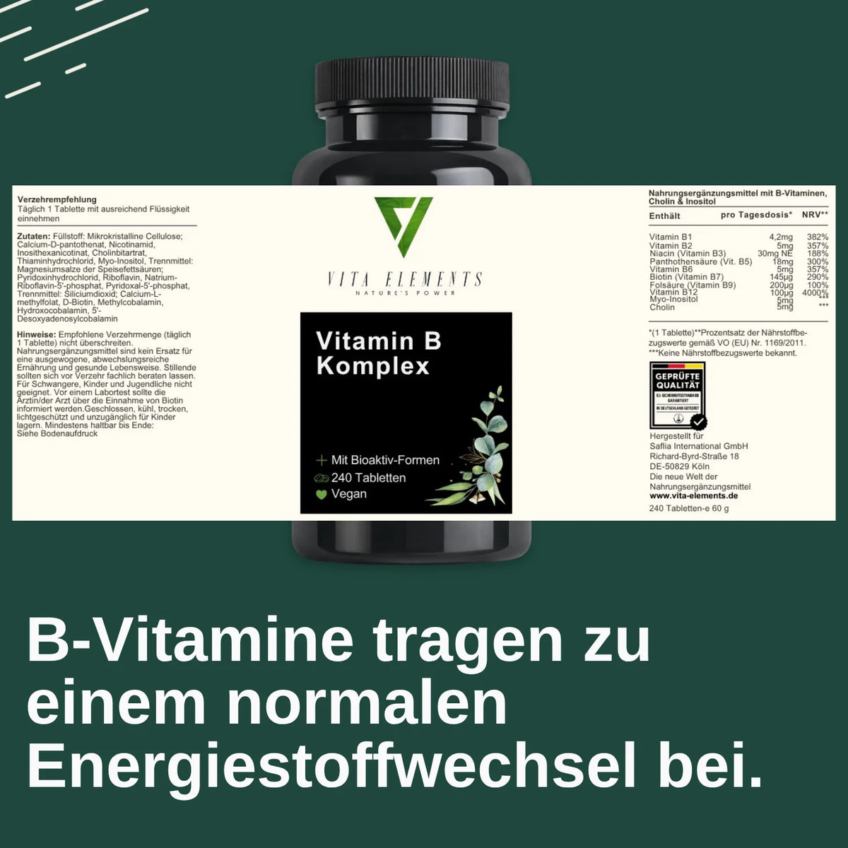 Tabletas de complejo de vitaminas B |     Probado en laboratorio en Alemania |     Suplementos alimenticios |     Con las 8 vitaminas del grupo B |     Con colina e inositol |     Vegano |     Libre de modificaciones genétic