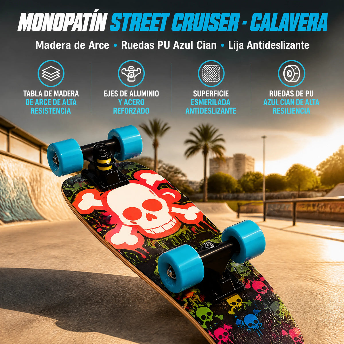 Monopatín Profesional -Tabla cohete - Skateboard Urbano para Adultos y Jóvenes, Ruedas de Alta Resistencia, Rodamientos Suaves, Colección Calavera y Urbana, envio en españa